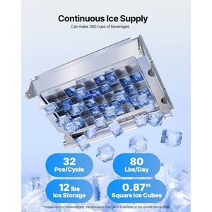 Equipo de Cocina Comercial, Máquina de Hielo Independiente de Acero Inoxidable para Mostrador, 80 Libras/24h, 12 Libras de Almacenamiento, 32 Cubos por Hora - Product Image 2