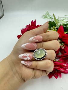 Natural Prehnite Oval Silver Plated <b>Statement</b> <b>Ring</b> Handmade Vintage Floral Gemstone <b>Ring</b> for Women - Product Image 1