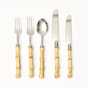 Vintage <b>Bamboo</b> Handle Flatware <b>Set</b> with Mirror Polish Stainless Steel <b>Cutlery</b> Dishwasher Safe for Wedding Party Use - Product Image 1