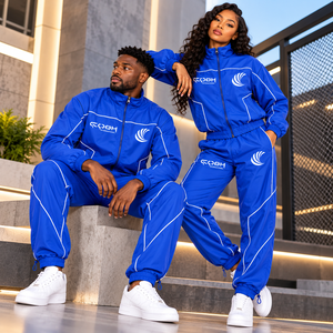 ชุดวอร์มสีน้ำเงินแบบ unisex เสื้อแจ็คเก็ตซิปเต็มตัว กางเกงขายาว แห้งเร็ว ผลิตจากโพลีเอสเตอร์ เหมาะสำหรับใส่ในฤดูใบไม้ร่วง ชุดกีฬา เสื้อแจ็คเก็ตและกางเกงเข้าชุด - Product Image 3