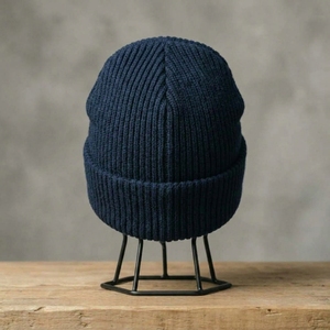 Bonnet en tricot bleu marine pour homme, bonnet d'hiver à revers, unisexe, streetwear, bonnet ajusté, logo personnalisé, accessoire de mode en gros - Product Image 3