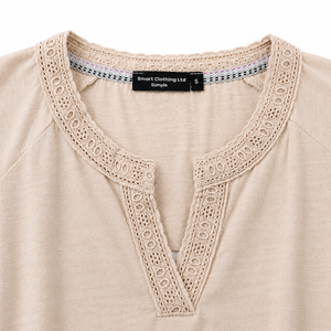 Top de punto casual para mujer, de algodón premium, con cuello en V, estampado en el borde, corte regular, manga 3/4 y ribete de crochet, ideal para el verano. - Product Image 3