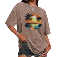 Kaos Wanita Vintage Washed Crew Neck Lengan Pendek Loose Fit Trendy Streetwear Cetak Digital Bahan Bernapas Ramah Lingkungan 100%