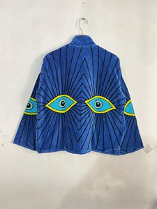 Veste Bohème en Velours Bleu pour Femme, Broderie Abstraite Fait Main, Motif Œil Turc, Vêtement d'Extérieur pour Festival - Product Image 4