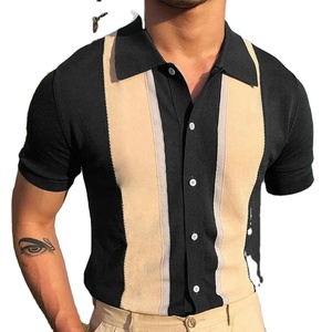 Camisas de punto informales de verano para hombre 2025, Polo de negocios de manga corta de punto a rayas de retales británicas para hombre - Product Image 1