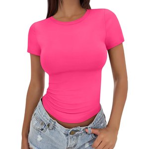 Camiseta Corta de Punto para Mujer, Color Rosa Sólido, Cuello Redondo, Manga Corta, Ajuste Delgado, Informal, para Gimnasio, ODM, OEM - Product Image 2