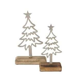 Minimalist Silver Metal <b>Christmas</b> <b>Tree</b> Sculpture With Solid Wooden <b>Base</b> <b>For</b> Tabletop Display Wholesale Handcrafted Aluminum - Product Image 1