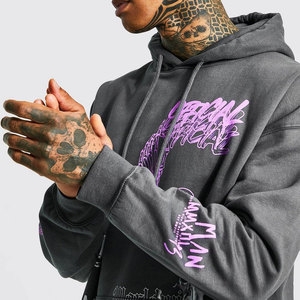 Conjunto de chándal con capucha gris oscuro para hombre con estampado de calavera morada, estilo urbano, sudadera y pantalones de algodón de corte holgado de longitud completa - Product Image 5