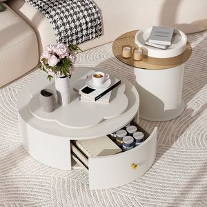Set di 2 Tavolini da Caffè Moderni con Piano Girevole a 360 Gradi a Forma di Fiore, 2 Cassetti, Tavolino Laterale Circolare e Tavolino d'Appoggio - Product Image 3