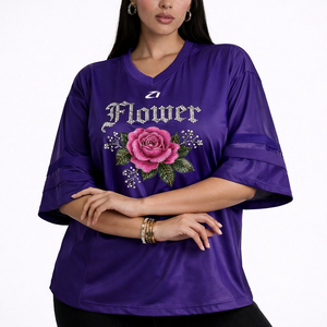 Oversized Custom Luxury Women's <b>Mesh</b> American Football Jersey T-shirts <b>Rhinestone</b> Floral Graphic Polyester Streetwear Style <b>Tops</b> - Product Image 4