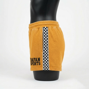 <b>Women</b> Booty <b>Shorts</b> 280 GSM Cotton Polyester Fleece Mustard Yellow <b>Checkered</b> Side Panels Custom Logo <b>women's</b> <b>shorts</b> - Product Image 3