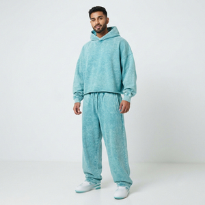Men Acid Wash Oversize <b>Hoodie</b> Long Sleeve Pullover Lose Fit Drop Shoulder Drawstring Waist Wide Leg Pants <b>Hoodie</b> Tracksuit Men's - Product Image 1
