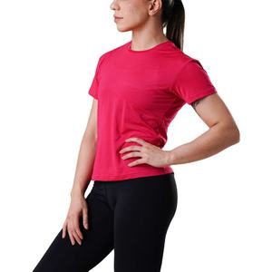 T-shirt à manches courtes col rond rose pour femme, 100% polyester, tricoté, respirant, couleur unie, coupe décontractée, toutes saisons - Product Image 4