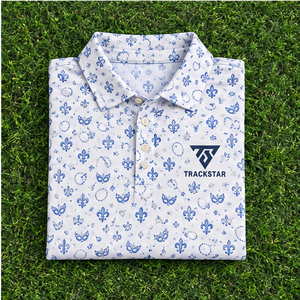 Camisa Polo Trackstar para Hombre, Blanca y Azul con Estampado de Flor de Lis, Manga Corta, Cuello con Botones, Camisa de Golf con Logotipo Personalizado - Product Image 5