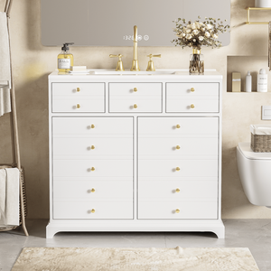 Mobile Bagno da 36 Pollici con Lavabo in Ceramica, Struttura in Legno Massello, Armadietto Contenitore a 2 Cassetti, Set Mobiletto da Bagno Autoportante - Product Image 4