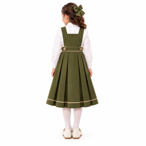 Girls Olive Green Pinafore Dress <b>White</b> Long Sleeve Blouse <b>Pleated</b> <b>Skirt</b> Button Detail Elegant School Uniform 100% Polyester - Product Image 6