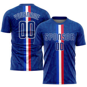 ชุดเสื้อฟุตบอลสีน้ำเงินลายทาง โพลีเอสเตอร์ 100% แบบสั่งทำพิเศษพร้อมโลโก้ด้านหน้า ชุดกีฬาสำหรับทุกเพศ ระบายอากาศได้ดี ชุดฝึกซ้อม OEM - Product Image 2