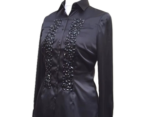 black <b>Satin</b> Button-Down <b>Blouse</b> with Crystal-Style Buttons - Product Image 5