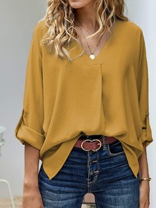 Women's Midi Korean Casual Natural Simple Long Sleeve V Neck Blouses for <b>Tunic</b> Office Latest Design - Product Image 3