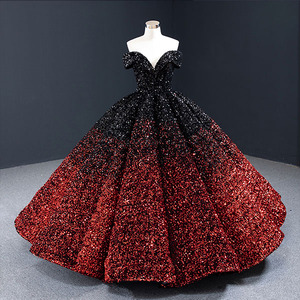Off-Shoulder <b>Sequined</b> Ball Gown Dress V-neck <b>Red</b> Black Ombre Asymmetrical Delicate Chiffon Lace Beaded Flowers Embroidery - Product Image 1