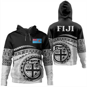 เสื้อฮู้ดดี้แขนราแกลนสีดำขาวลายธงชาติฟิจิสำหรับผู้ชาย - Product Image 2