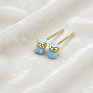 Ratnarachit Handmade Wire Wrapped <b>Turquoise</b> <b>Stud</b> <b>Earrings</b> 14K Gold Plated Brass Baguette Cut Minimalist Gift - Product Image 4