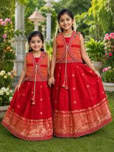 Wholesale Kids Girls Bollywood Ethnic <b>Lehenga</b> Choli Set Traditional <b>Red</b> Silk Pattu Pavadai Heavy Zari Border Winter Festive - Product Image 2