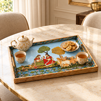 Plateau de service en émail et bois naturel Heritage |   Assiette rectangulaire traditionnelle indienne pour mariage, Diwali, thé, café, collations et repas