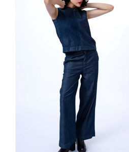 Conjunto de Traje Vaquero Casual Reforzado con Costuras, Top Largo y Pantalones de Pierna Ancha, Detalle de Moda Veraniega, 100% Algodón - Product Image 5