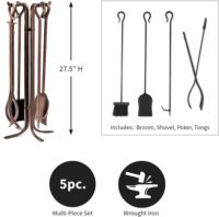 Ensemble d'outils de cheminée en fer forgé à la main, 5 pièces, 27,5 pouces, avec poignée en bronze, accessoires pour foyer intérieur/extérieur