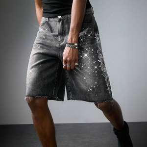 Men Stonewashed Denim Bermuda <b>Shorts</b> Mid Waist <b>Sequined</b> Street Style Woven Cotton Button Fly - Product Image 2