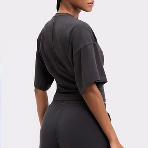 Haut court d'été pour femme, couleur unie, à carreaux, col rond, manches courtes, épaules tombantes, tricoté, coupe classique, décontracté, écologique - Product Image 4