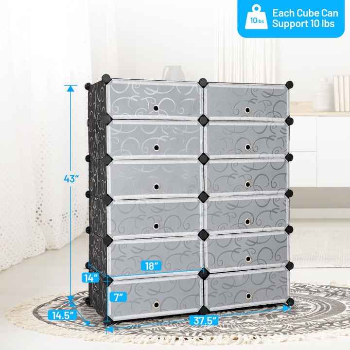 12-Cube DIY Portable Plastic Shoe Rack with Transparent Doors for Cube Storage Bins