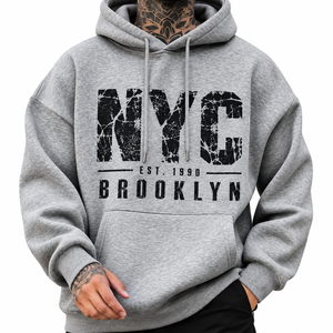 Sudadera con Capucha NYC Brooklyn para Hombre, Oversize, de Algodón French Terry, Informal, Otoñal, Gris, con Bolsillo Frontal y Estampado Personalizable - Product Image 1