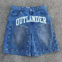 Özel Tasarım Gotik Erkek Yüksek Bel Düz Denim Şort Orta Bel Bol Paçalı Yama İşlemeli Vintage Yıkama Nefes Alabilen Çevre Dostu Organik Pamuk