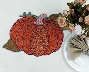 Set de table en forme de citrouille, tricoté, brodé de fleurs, en polyester/coton écologique, fait main - Product Image 1