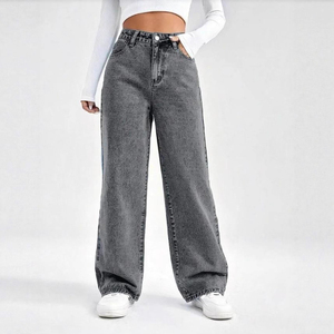 Pantalones Vaqueros de Cintura Alta y Pierna Ancha para Mujer, de Algodón Lavado, Estilo Casual, Holgados, Color Gris, Estilo Otoñal - Product Image 1