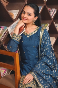 All Over <b>Sequin</b> Embroidered Chinon Silk Kurti <b>Flared</b> Palazzo Matching Dupatta Women Three Piece Traditional Salwar Suit - Product Image 3