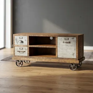 Meuble TV industriel en bois et fer sur roulettes, console multimédia rustique roulante, armoire de rangement, mobilier de divertissement - Product Image 1