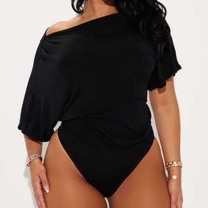 Women's Off-Shoulder Solid Color Bodysuit Short Sleeve Stretch Casual Shirt Full Length Skinny Fit Spandex Polyester Women Suit - Product Image 1