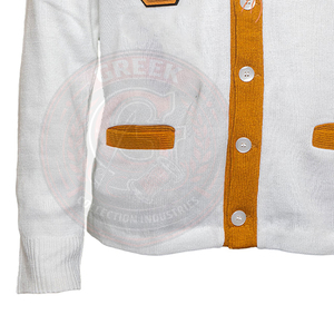Cardigan blanc Alpha Phi avec bordure orange, broderie lettre grecque APA, boutons sur le devant, manches longues, pull pour homme, style universitaire - Product Image 5