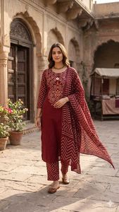 Maroon Bandhani Printed Cotton Kurta Set for Women with Matching Pant Dupatta Ethnic Suit for Wedding Party & Beach Occasions - Product Image 2