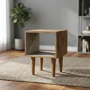 Rustic Wooden Bedside Cube Table with Open <b>Shelf</b> and <b>Tall</b> Tapered Legs for Bedroom - Product Image 1