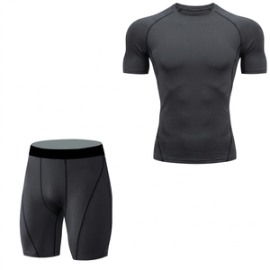 <b>Men's</b> Green <b>Compression</b> Shirt <b>Shorts</b> Set V-neck <b>Short</b> Sleeve Fitted Moisture Wicking Breathable Four-Way Stretch Eco-Friendly - Product Image 2