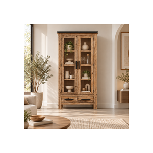 Vitrine en bois d'acacia de la collection ATLAS pour salon, armoire rustique avec étagères et deux tiroirs - Product Image 1
