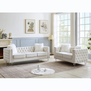 Set Divano in Velluto Beige 2+3 Posti con Fibbia in Cristallo, Cuscini Rimovibili e Quattro Cuscini Morbidi, Contenitore Gratuito per Soggiorno - Product Image 1