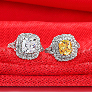 Bague Halo en Moissanite Diamant, Argent 925, Pierre Jaune et Blanche Taille Coussin, Bague de Fiançailles et de Mariage, Bijoux de Luxe pour Femme - Product Image 4