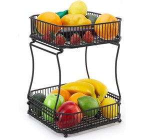 Panier à fruits et légumes à deux niveaux détachable, organisateur de comptoir de cuisine avec poignée en bois et plateau, support de rangement portable - Product Image 1