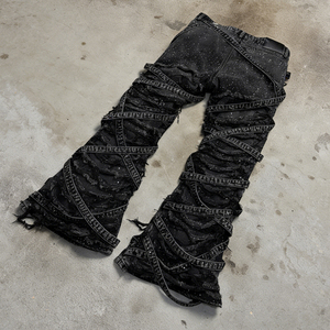 Vaqueros acampanados de hombre con pedrería, diseño de tiras cruzadas, flecos, lavado negro, algodón grueso, estilo streetwear - Product Image 2