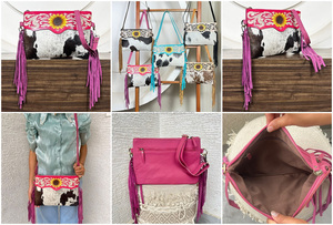 Sac à bandoulière en cuir de vachette fait main avec franges, style western, motif tournesol, pour femme, vente en gros 2026 - Product Image 3